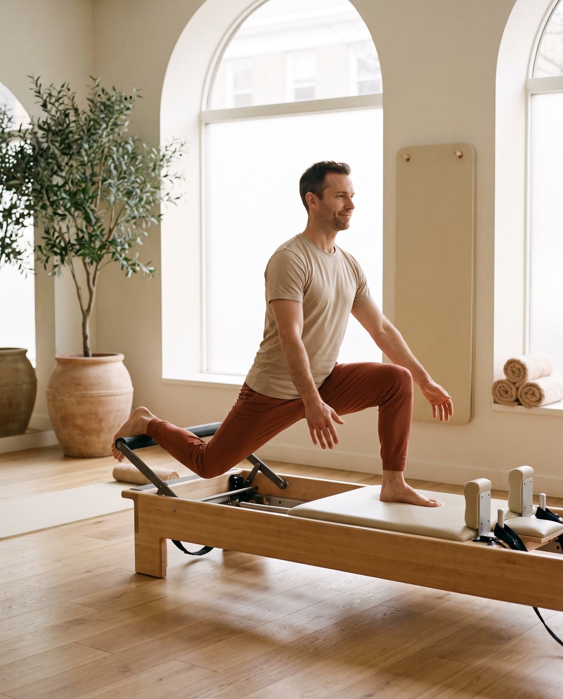 Homme en séance de Pilates Reformer au studio Pilatéa